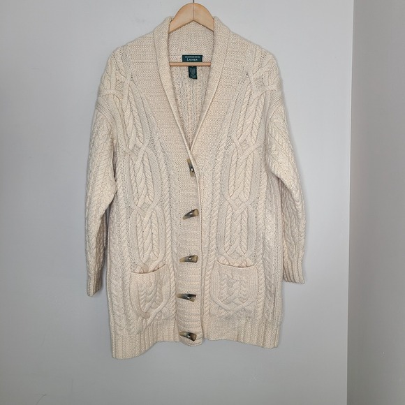 Vtg Exclusive Hand Knit Lauren Ralph Lauren Women's Wool Chunky Knit‎ Cardigan S - Picture 1 of 6